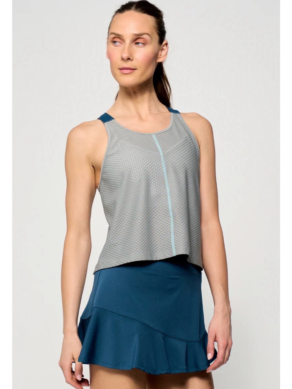 Lija Gray Mesh Racerback Tank with Teal Trim